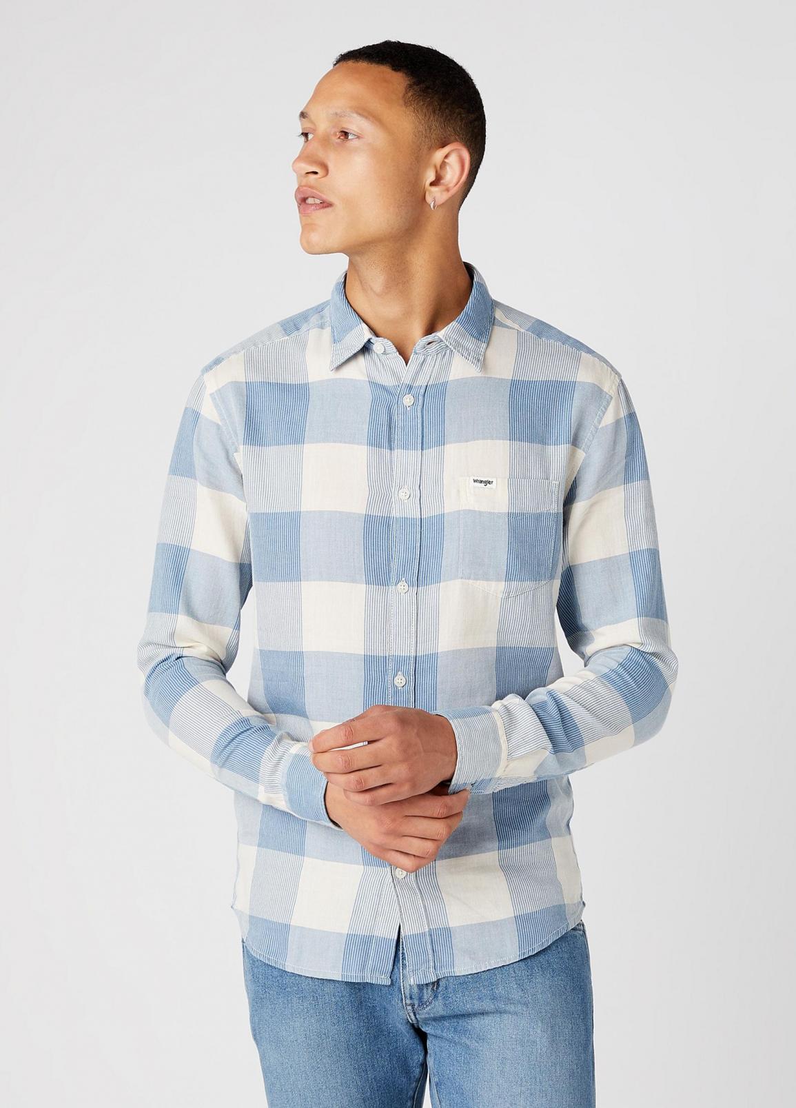 Wrangler® Long Sleeve One Pocket Shirt - Light Indigo Check