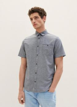 Tom Tailor® Short-sleeved Shirt With A Chest Pocket - Navy Chambray