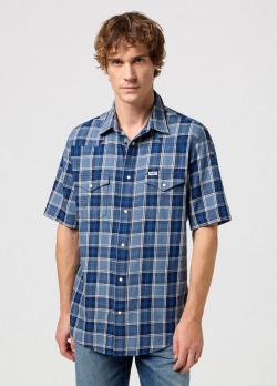 Wrangler® Short Sleeve Western Shirt - Light Blue Indigo Check