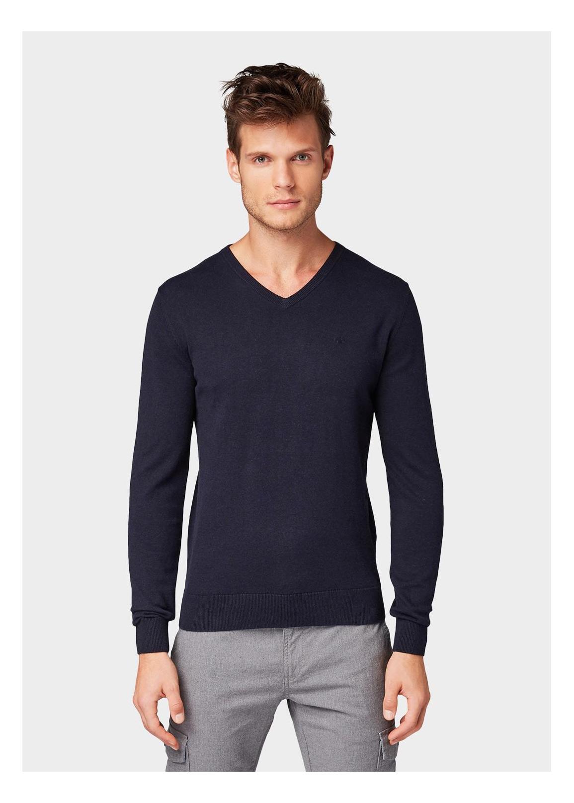 Tom Tailor® Basic V Neck Sweater - Knitted Navy Melange